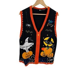Holiday Editions Halloween Sweater Vest Womens 2X Black Cat Ghost Pumpkin Zip Up
